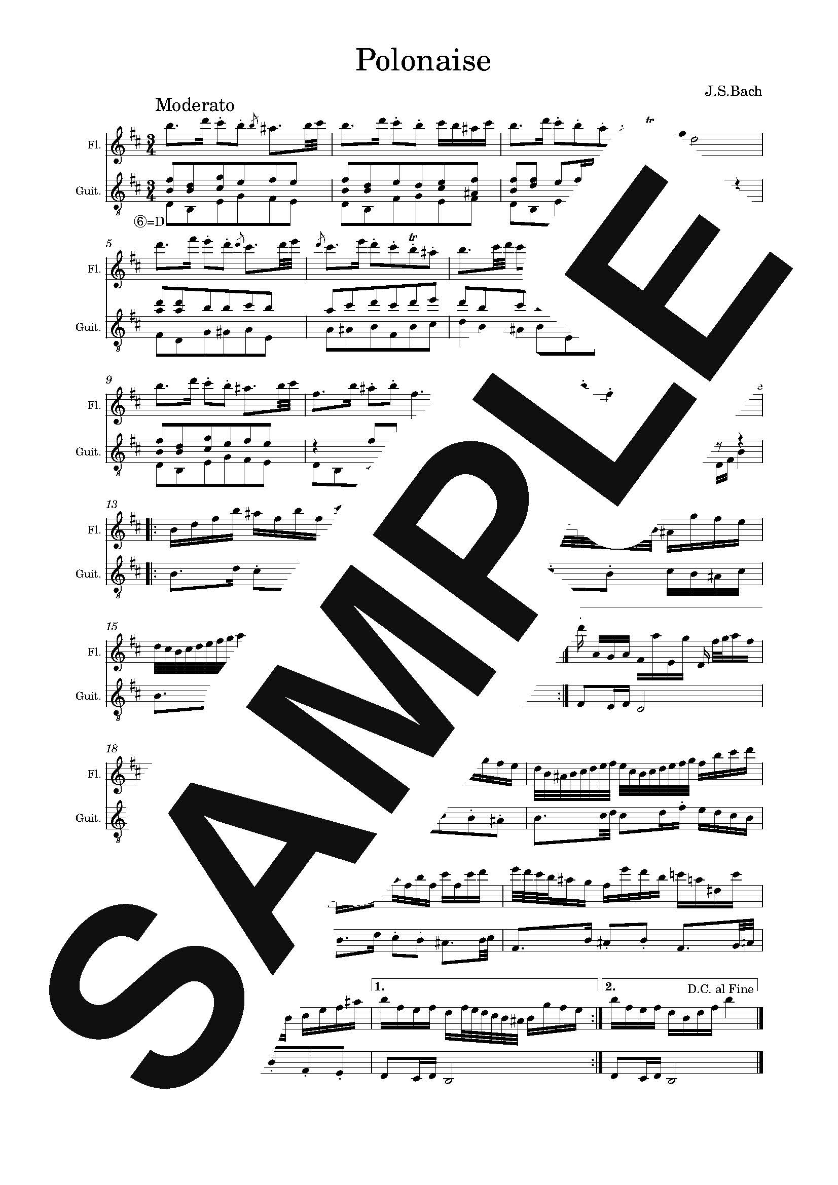 【楽譜】J.S.Bach ポロネーズ　メヌエット　バディネリ　アリオーソ　フルートとギター／バッハ(Bac…